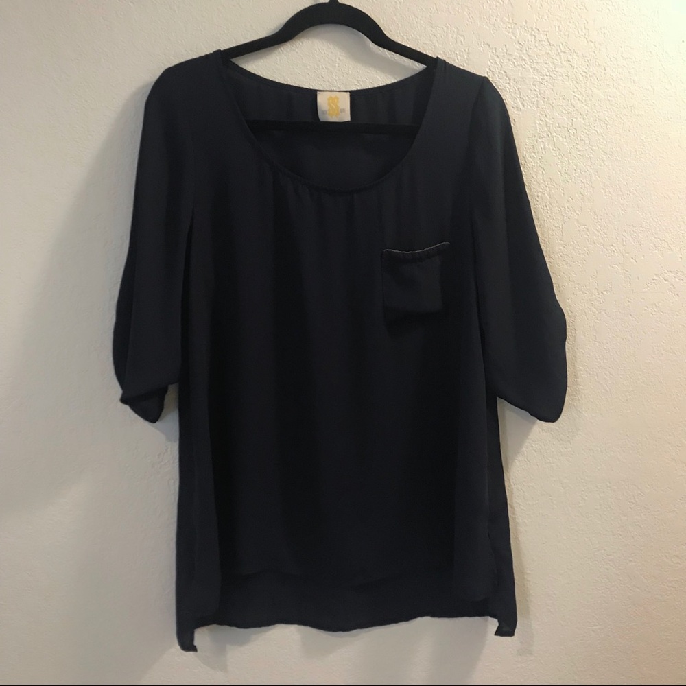 Sis Sis Front Pocket Sheer Navy Flowy Blouse Sz. L